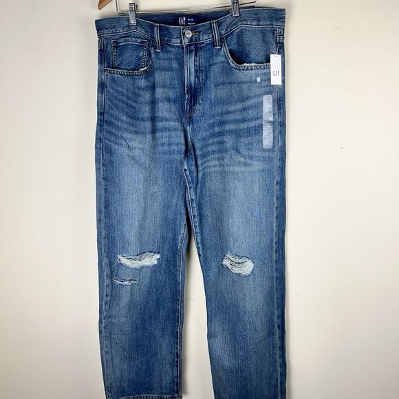 Gap Jeans Mens 34x30 Blue Distressed Baggy Denim NWT Straight Leg Medium Wash - Picture 3 of 10